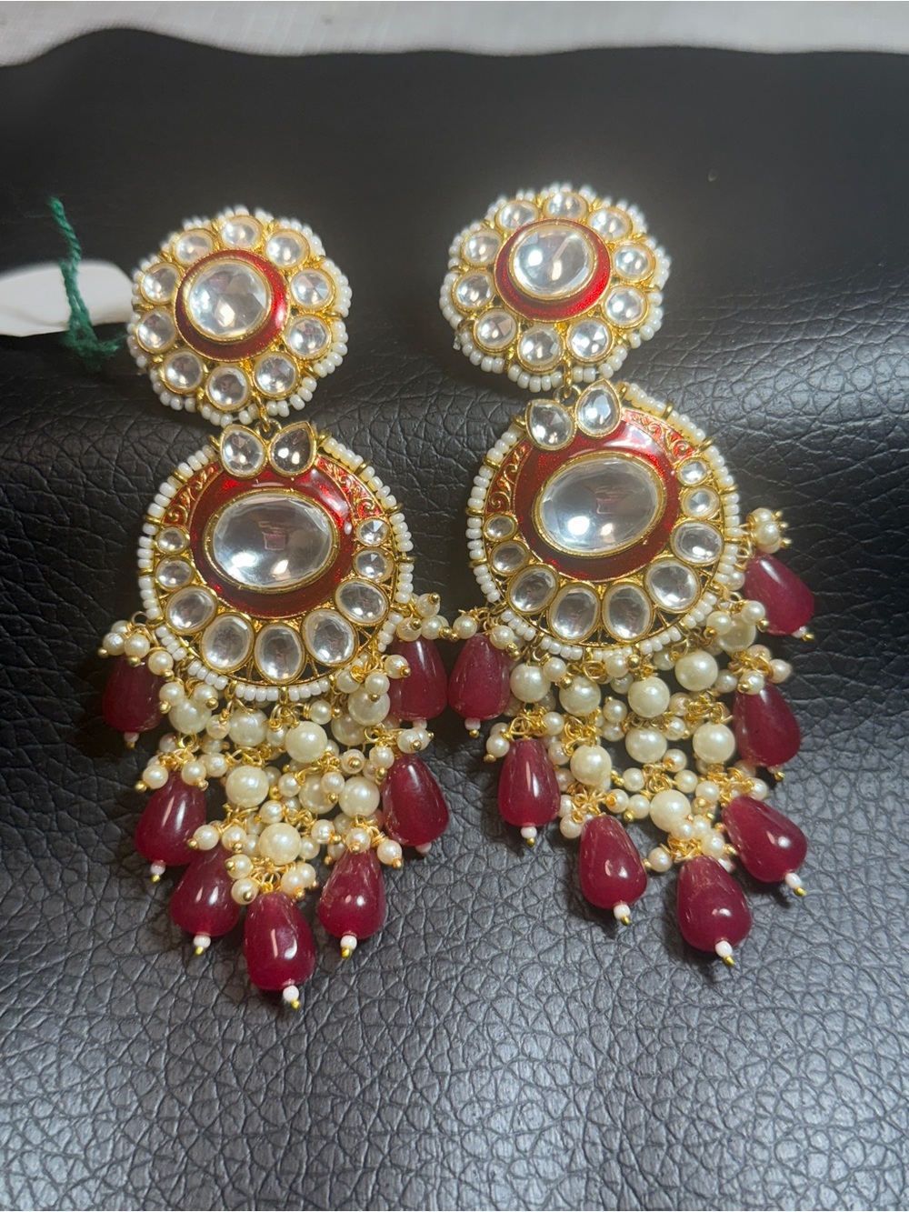Traditional Kundan Chandbali Earrings with Red and Pearl Drops
